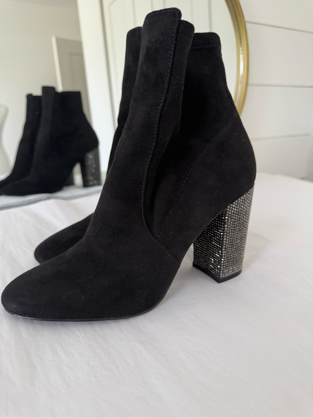 Aldo Black Suede Ankle Boots with Crystal-Embellished Block Heel